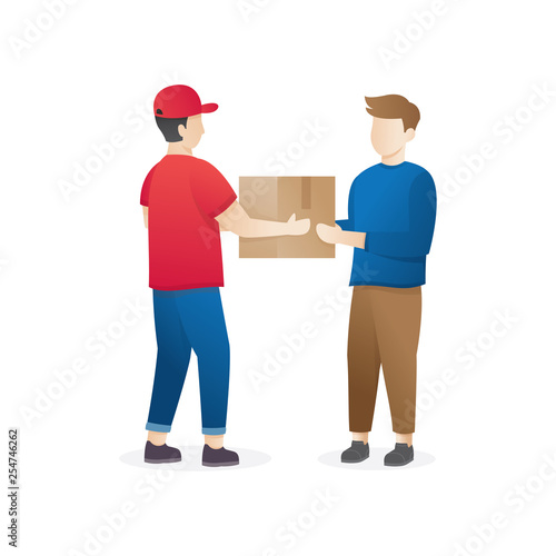 Vector illustration concept for delivery service. Courier giving cardboard package to another. receiving package from courier to customer. Delivery Courier Shipping Concept Flat Vector Illustration