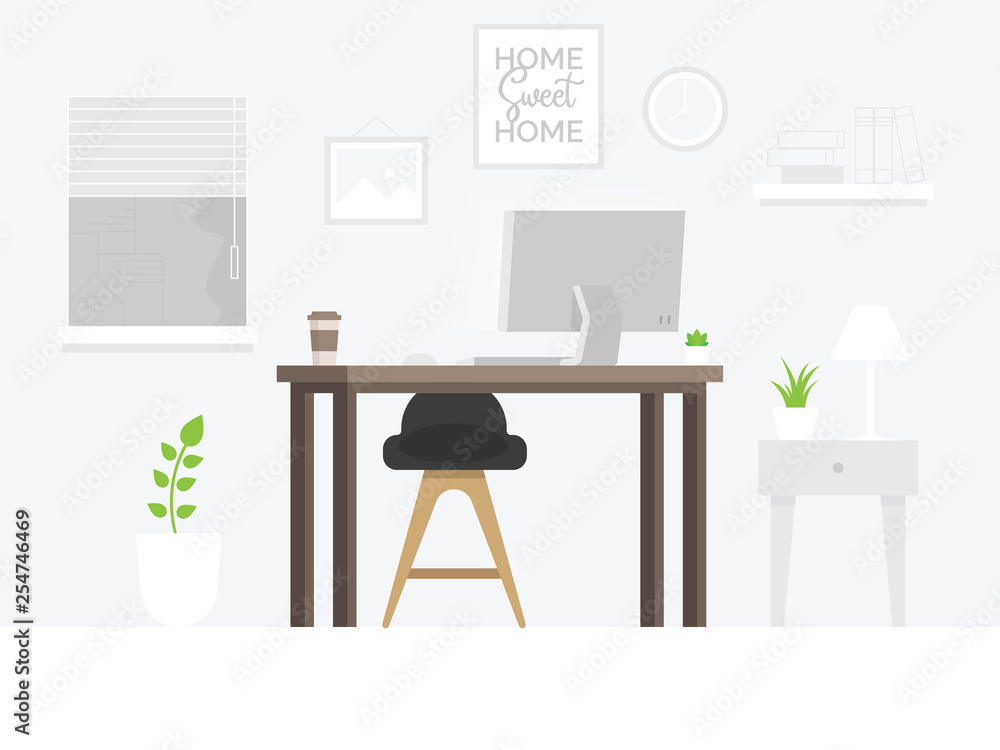 Design of modern home office designer workplace. Creative office workspace.  Modern graphic office room interior with furniture, Table, chair, Computer.  Flat style vector illustration - Vector Stock Vector | Adobe Stock