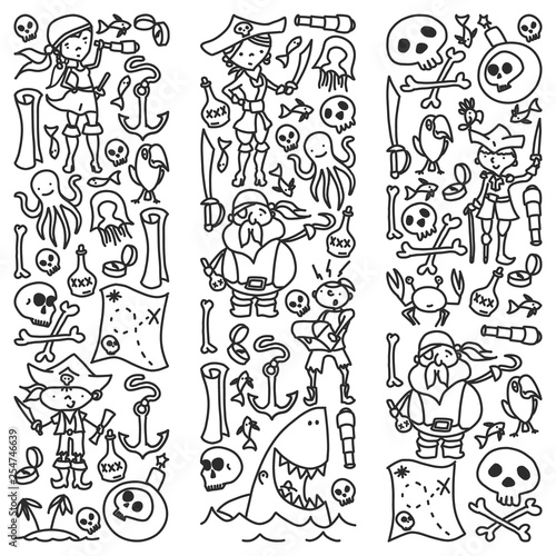 Vector set of pirates children s drawings icons in doodle style. Painted  black monochrome  pictures on a piece of paper on white background.