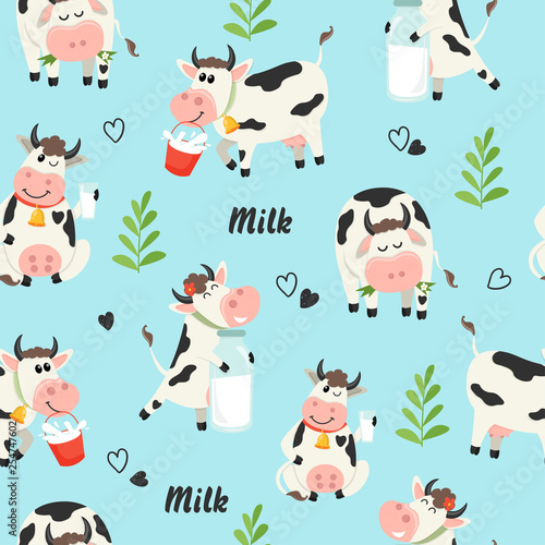 Seamless pattern with farm cows and milk bottle