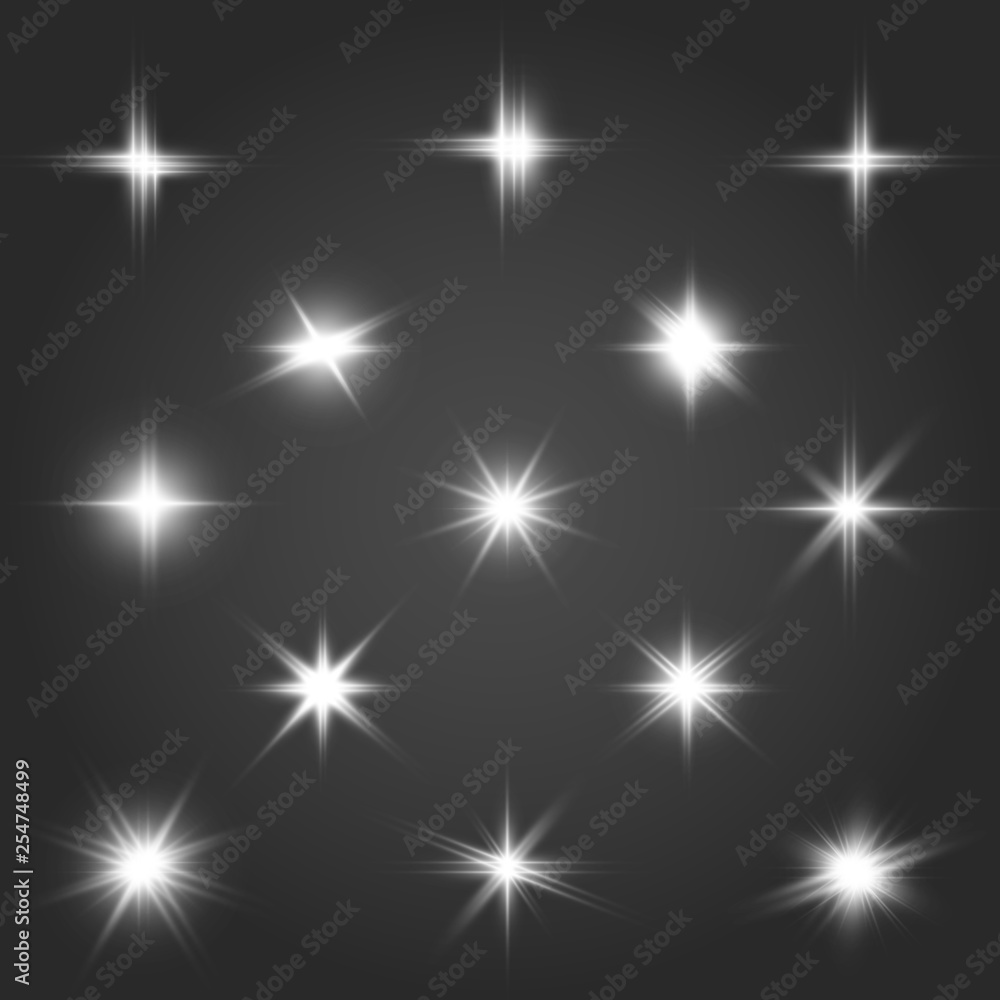A set of bright beautiful stars. Light effect. Bright Star. Beautiful light for illustration. Christmas star.White sparkles shine special light effect. Vector sparkles on a transparent background A set of bright beautiful stars. Light effect. Bright Star. Beautiful light for illustration. Christmas star.White sparkles shine special light effect. Vector sparkles on a transparent background