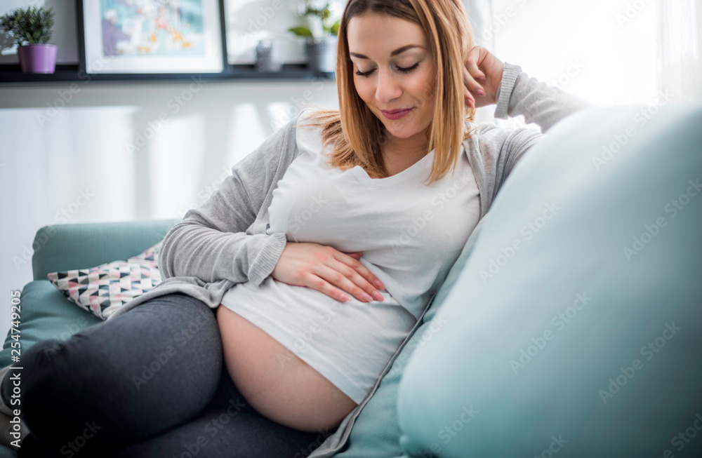 Pregnant woman relaxing on sofa at home in sunny living room Pregnant woman relaxing on sofa at home in sunny living room