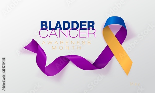 Bladder Cancer Awareness Calligraphy Poster Design. Realistic Marigold And Blue And Purple Ribbon. May is Cancer Awareness Month. Vector