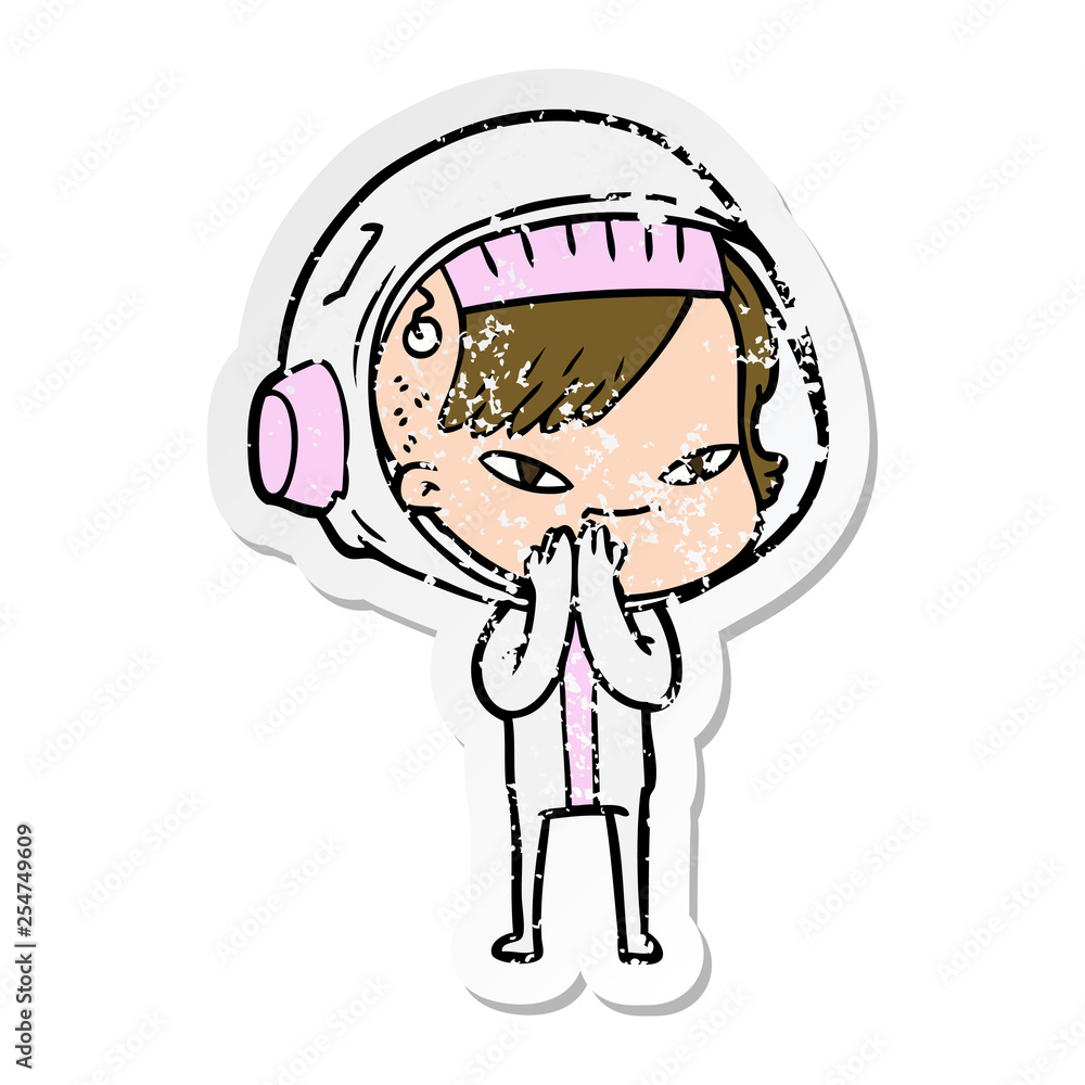 distressed sticker of a cartoon astronaut woman