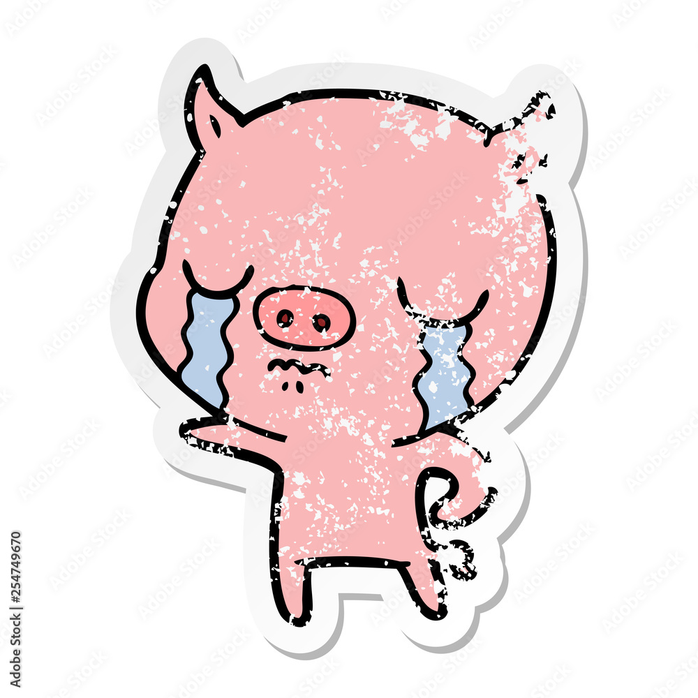 distressed sticker of a cartoon pig crying distressed sticker of a cartoon pig crying