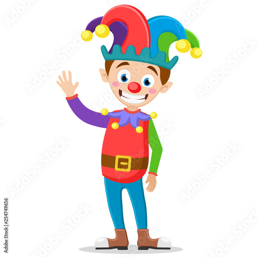 Dressed up clown smiles and waves his hand. Fool's day.