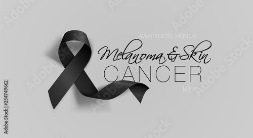 Melanoma and Skin Cancer Awareness Calligraphy Poster Design. Realistic Black Ribbon. May is Cancer Awareness Month. Vector