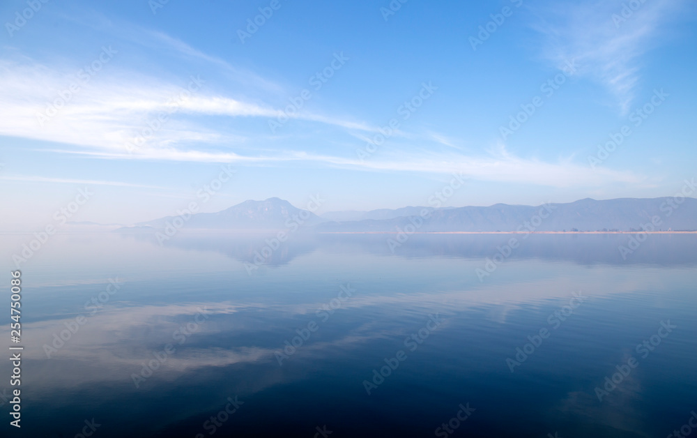 Koycegiz Lake view in Turkey. Lake landscape with cloud reflections. Mugla, Turkey.