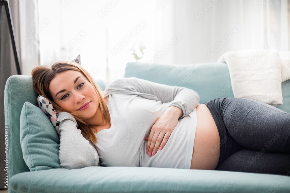 Pregnant woman relaxing and lying on sofa at home looking on camera Pregnant woman relaxing and lying on sofa at home looking on camera