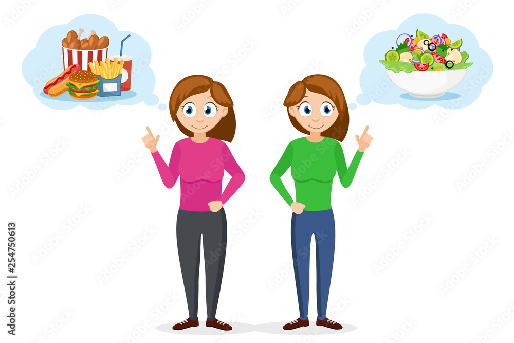 Women's diet healthy food salad and obesity fast food on a white. Women's diet healthy food salad and obesity fast food on a white.