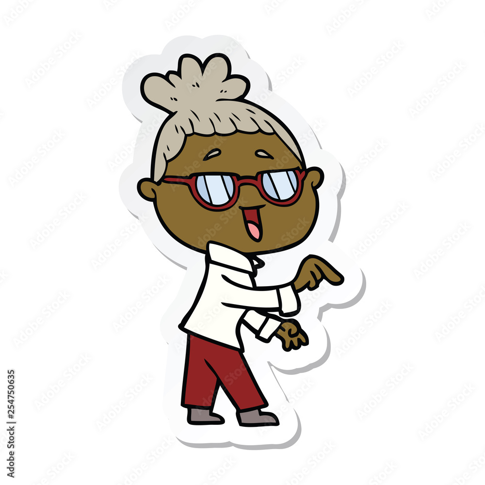 sticker of a cartoon happy woman wearing spectacles