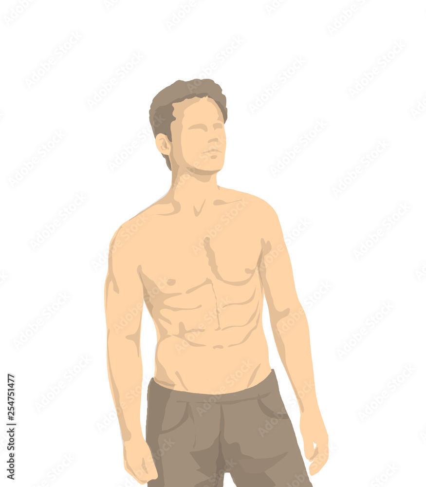 Illustration of shirtless man with muscles and human proportions Illustration of shirtless man with muscles and human proportions