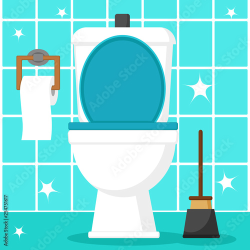 Clean toilet bowl with toilet paper and plunger on a blue tile.