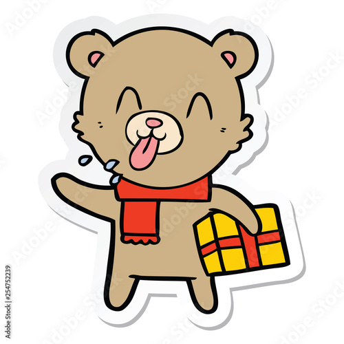 sticker of a rude cartoon bear with present