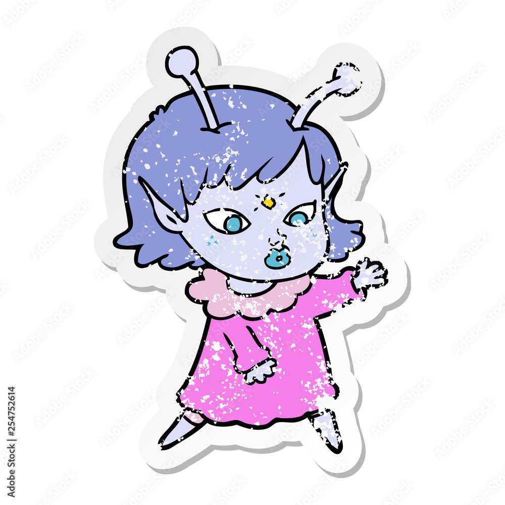 distressed sticker of a pretty cartoon alien girl distressed sticker of a pretty cartoon alien girl