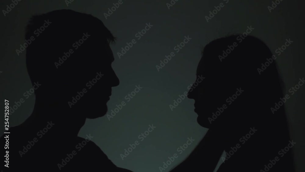 Silhouettes of man and woman. Shadows of men and women on a light background. Man and woman kiss on the lips. Slow motion. Silhouettes of man and woman. Shadows of men and women on a light background. Man and woman kiss on the lips. Slow motion.