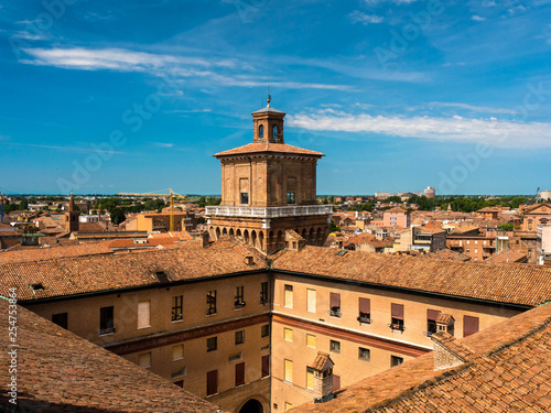 View from the medieval Lion's Tower of Castello Estense in Ferrara, Italy over the City