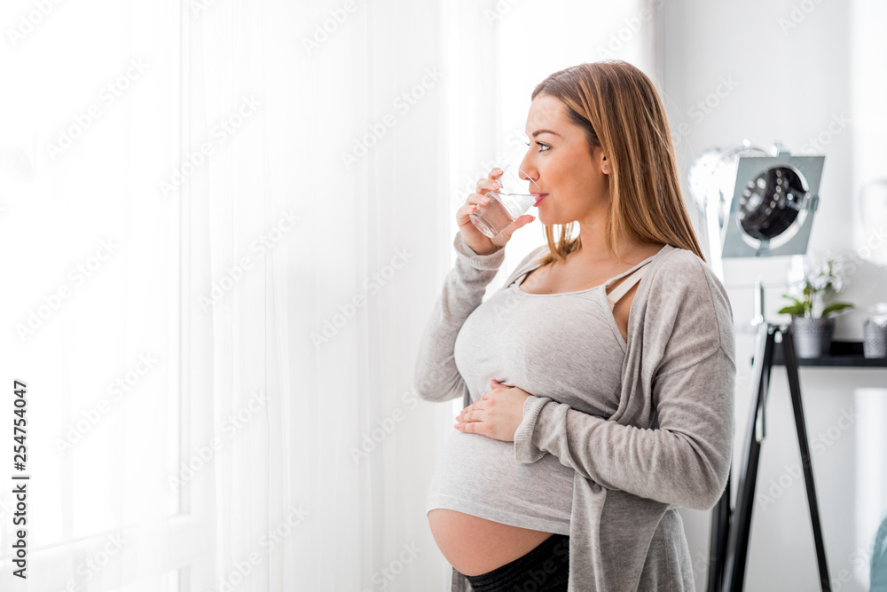 Health during pregnancy, Pregnant woman drinking water sitting on sofa Health during pregnancy, Pregnant woman drinking water sitting on sofa