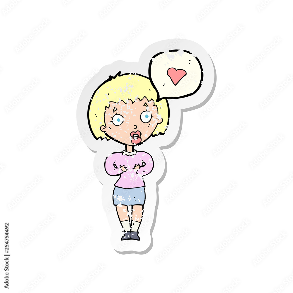 retro distressed sticker of a cartoon surprised woman in love retro distressed sticker of a cartoon surprised woman in love
