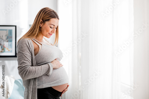 Photo Beautiful pregnant woman touching her belly standing by the window at home