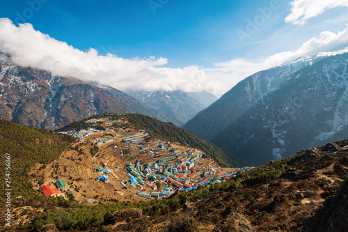 Everest Base Camp Trek. View of the Himalayan valley. The village of Namche bazar. Nepal. photo