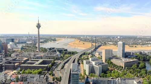 Aerial View Dusseldorf Germany. Flight over the city