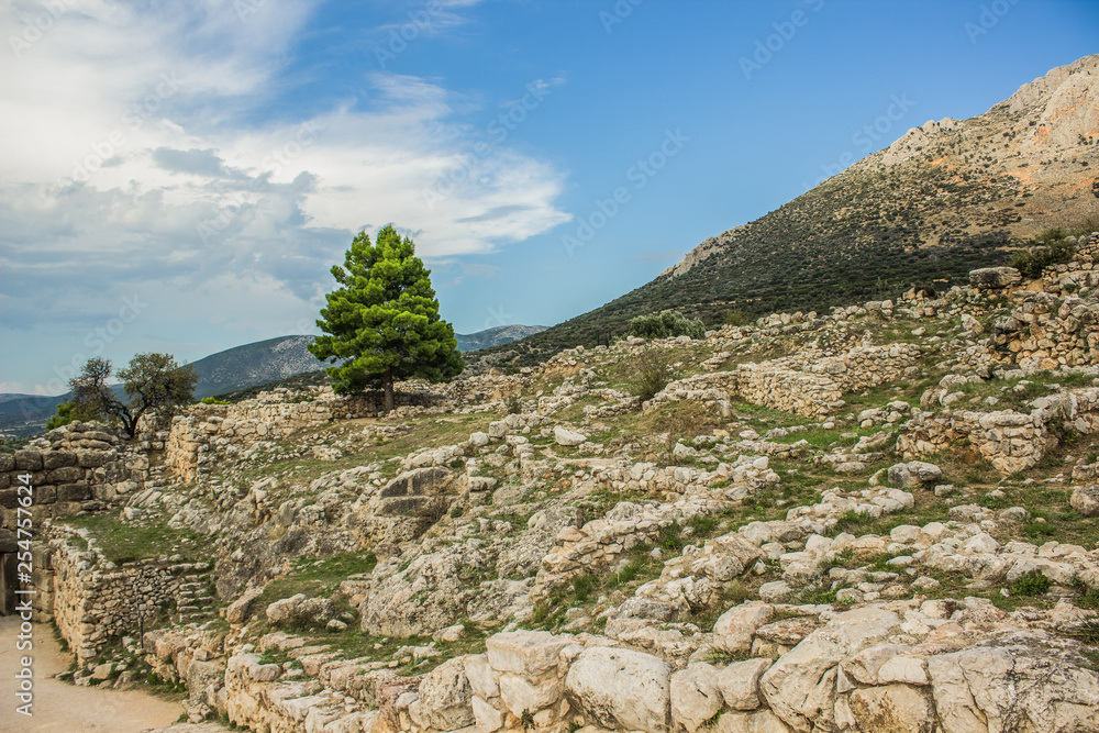 archeological site stone city ruins from ancient Greece time in highland rocky natural country side environment with lonely tree on rock