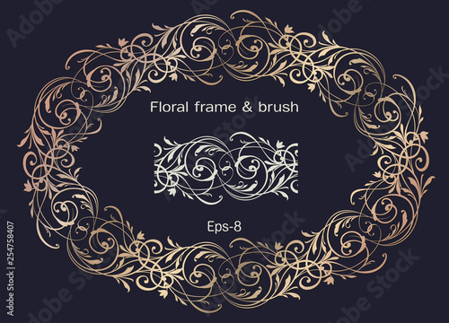 Golden Ornament frame with brushes element and space for text. Floral ornate Wreath and brush isolated on black background . Horisontal oval Element. Vintage frame for Save the Date Card, Wedding