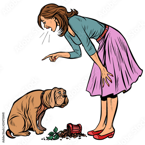 Woman scolds guilty dog. Broken pot with flower isolate on white background