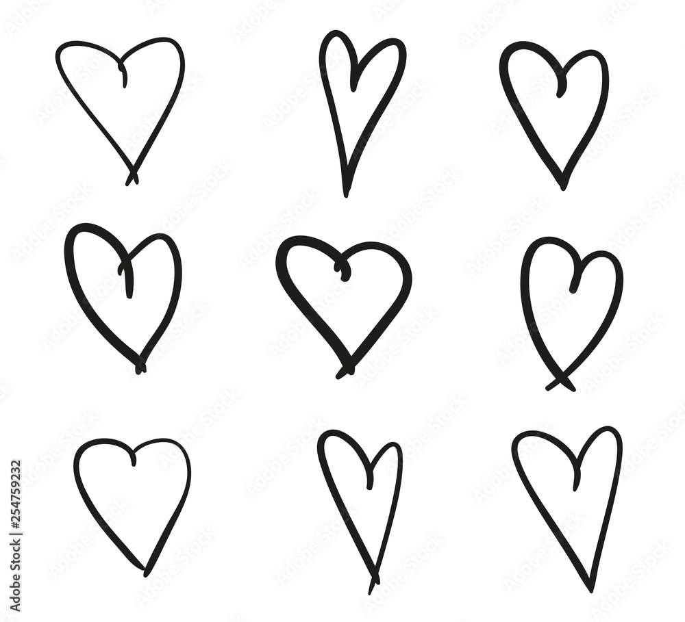 Hand drawn grunge hearts on isolated white background. Set of love signs. Unique image for design. Black and white illustration. Elements for design