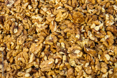 Closeup of big shelled walnuts pile, Peeled Walnuts