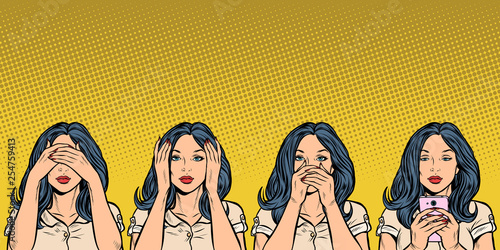 woman with phone. I see nothing, hear nothing, say nothing