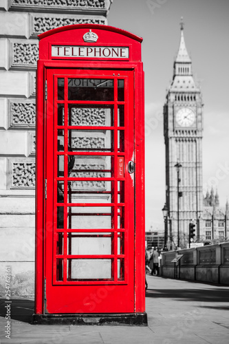 London s iconic telephone booth with the Big Ben clock tower in the background