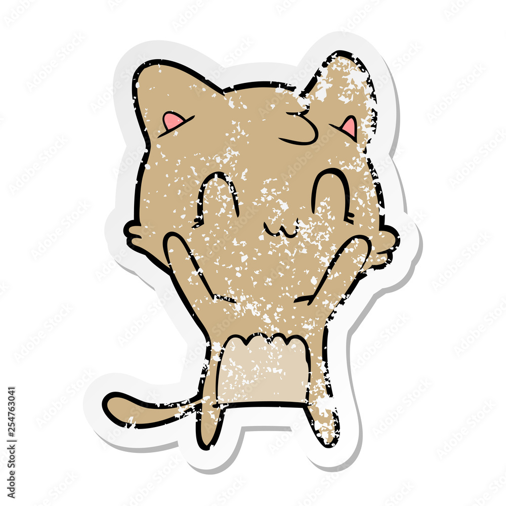 distressed sticker of a cartoon happy cat distressed sticker of a cartoon happy cat