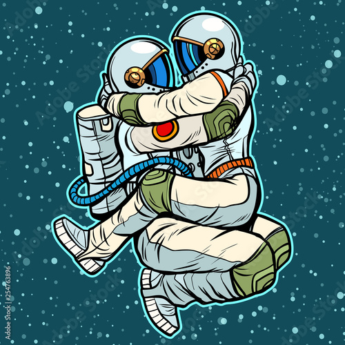 astronauts man and woman hugging. sexy passionate couple
