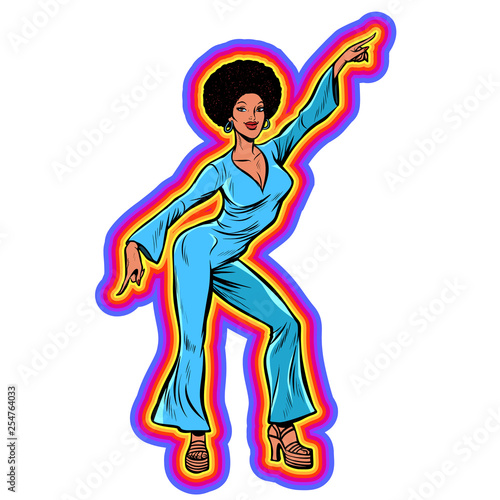 Disco woman dancing, eighties style 80s. Afro hairstyle