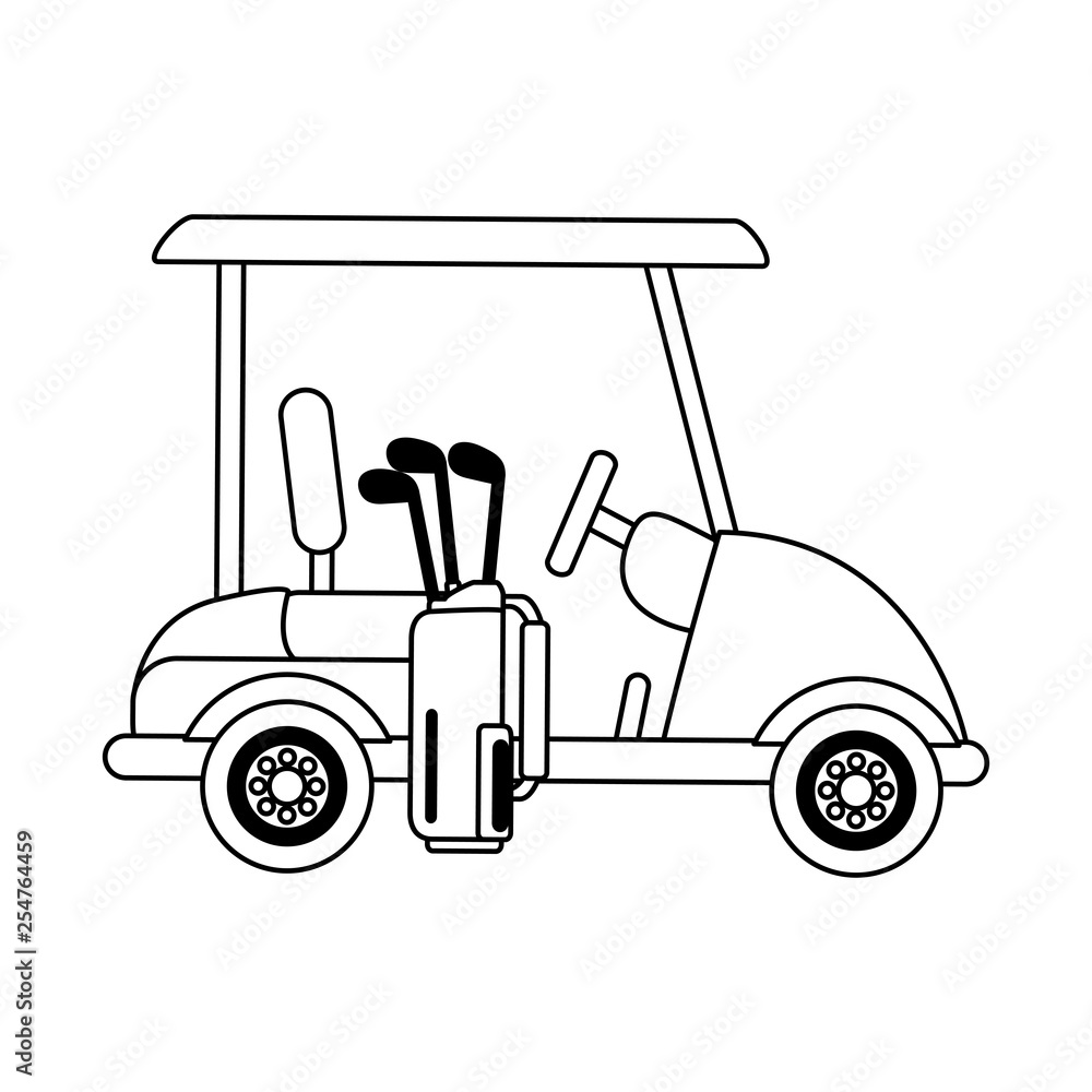 Golf cart and bag with clubs in black and white