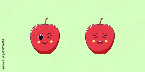 Cute Kawaii Apple, Cartoon Ripe Fruit. Vector