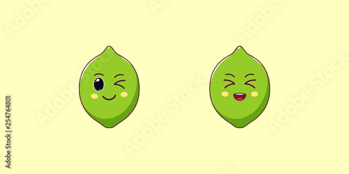 Cute Kawaii Lime, Cartoon Ripe Fruit. Vector