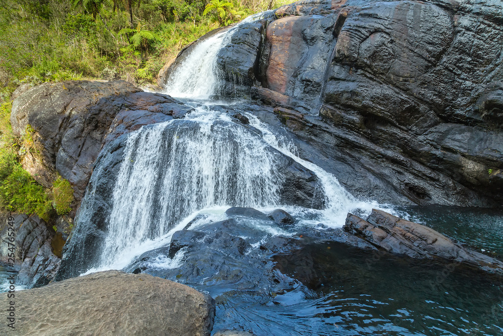 waterfall and lake panorama landscape of Horton Plains National Park, waterfal Sri Lanka.