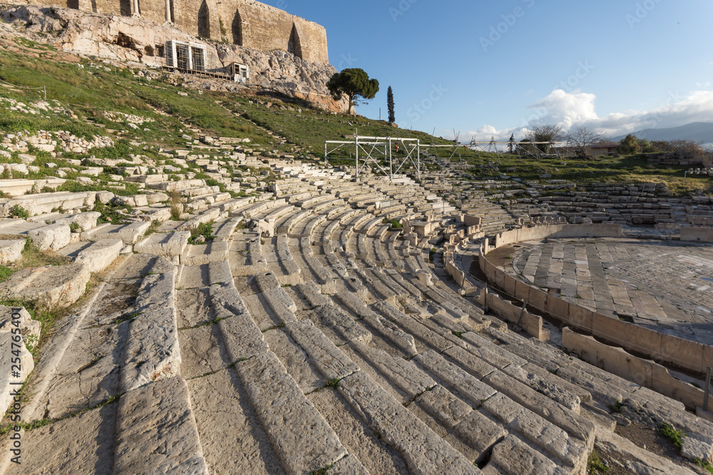 Panorama of Ruins of  theatre of Dionysus in Acropolis of Athens, Attica, Greece