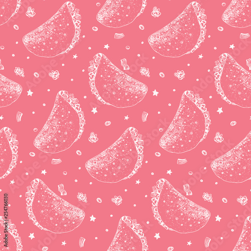 Cute seamless pattern with white outline sketchy mexican taco on pink background. Cartoon sketch pop art tacos, stars and dots texture for fast food textile, wrapping paper, package, menu banners