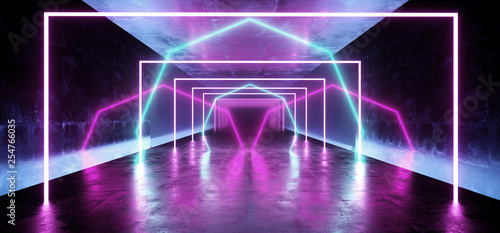 Background Neon Blue Purple Sci Fi Futuristic Fluorescent Alien Spaceship Dark Empty Grunge Concrete Corridor Tunnel Hall Room Glowing Lights Laser Show 3D Rendering