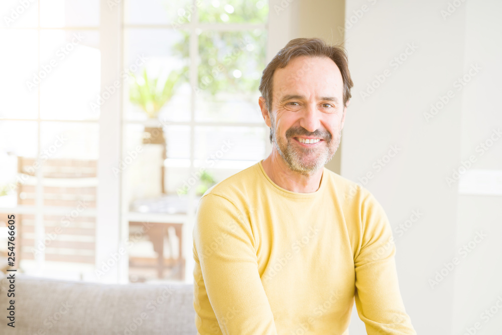 Handsome middle age man sitting on the sofa relaxed and smiling at the camera at home smiling at the camera at home Handsome middle age man sitting on the sofa relaxed and smiling at the camera at home smiling at the camera at home