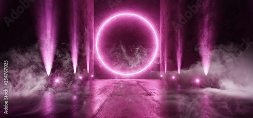 Smoke Circle Sci Fi Futuristic Background Vibrant Purple Ultraviolet Pink Neon Arc  Big Huge Dark Empty Grunge Concrete Long Hall Gallery Room Tunnel Corridor Spotlights Glowing 3D Rendering