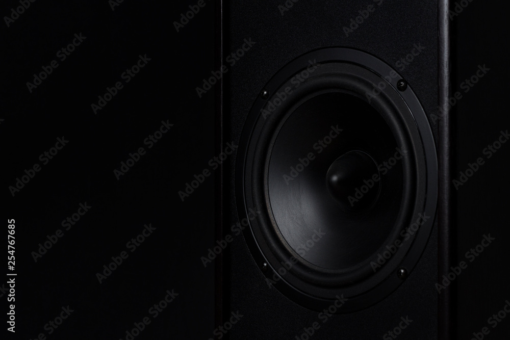 Φωτογραφία Black Music speaker on a black isolated background