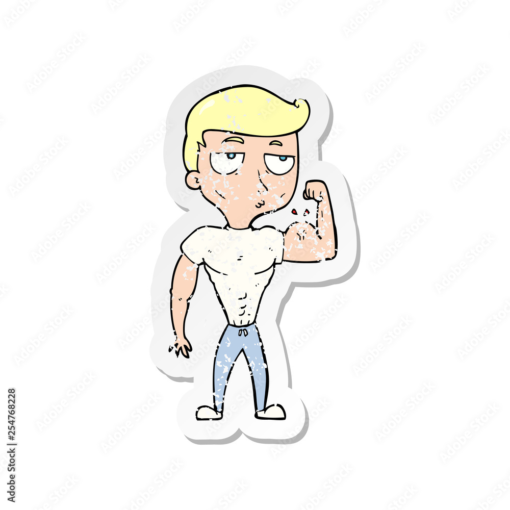 retro distressed sticker of a cartoon gym man