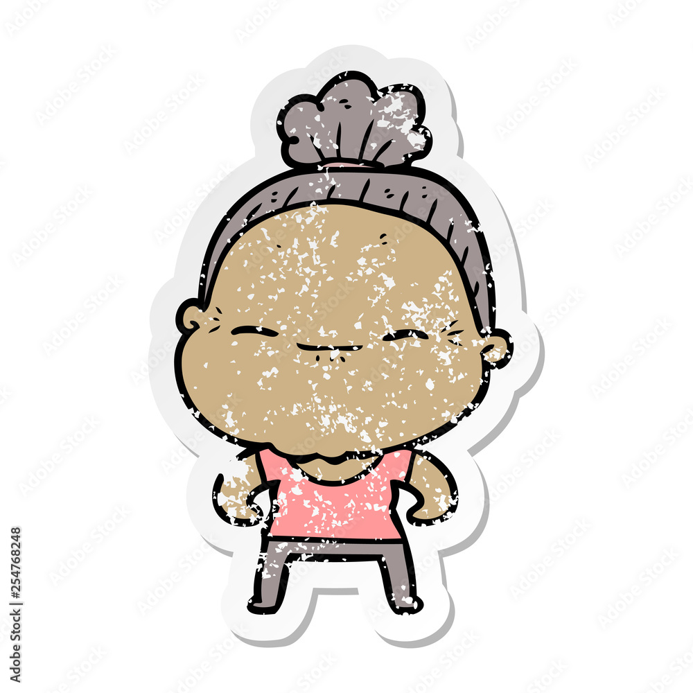 distressed sticker of a cartoon peaceful old woman distressed sticker of a cartoon peaceful old woman