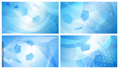 Set of four football or soccer abstract backgrounds with big ball in light blue colors