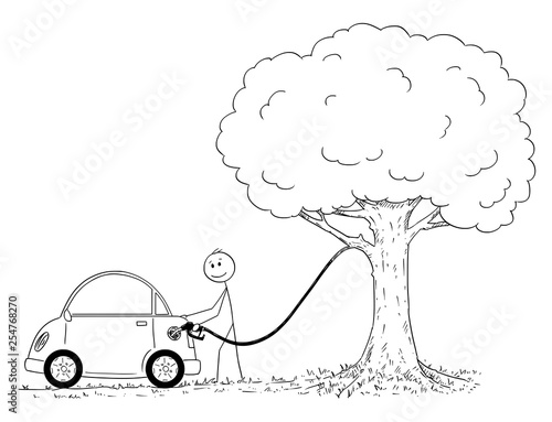Cartoon stick figure drawing conceptual illustration of man refueling or fueling car from tree. Environmental concept of ecological power source for cars.